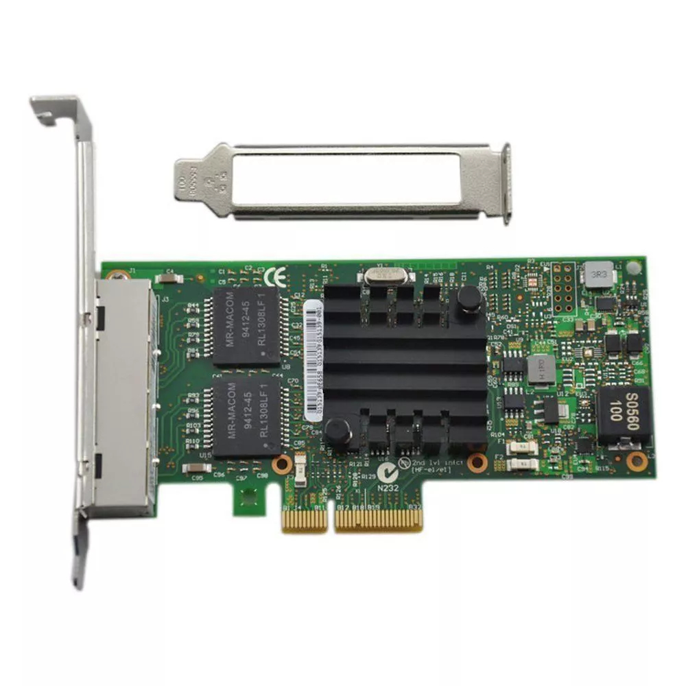 Intel I350-T4 PCI-E Quad Port RJ45 Gigabit Server Adapter showcasing four Ethernet ports and robust build quality, ideal for enterprise networking.