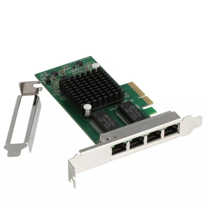 Intel I350-T4 PCI-E Quad Port RJ45 Gigabit Server Adapter showcasing four Ethernet ports and robust build quality, ideal for enterprise networking.