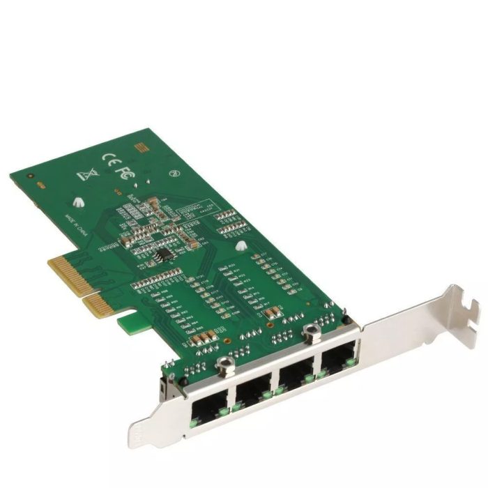 Intel I350-T4 PCI-E Quad Port RJ45 Gigabit Server Adapter showcasing four Ethernet ports and robust build quality, ideal for enterprise networking.